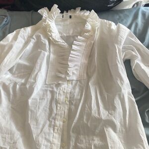 J. Crew white ruffle neck button down M